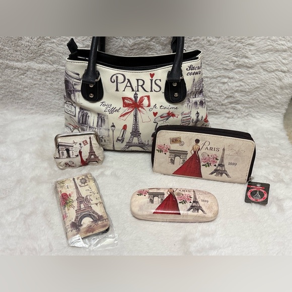 Glamour Paris Handbags - Paris Themed Shoulder Bag Set - Black and Cream